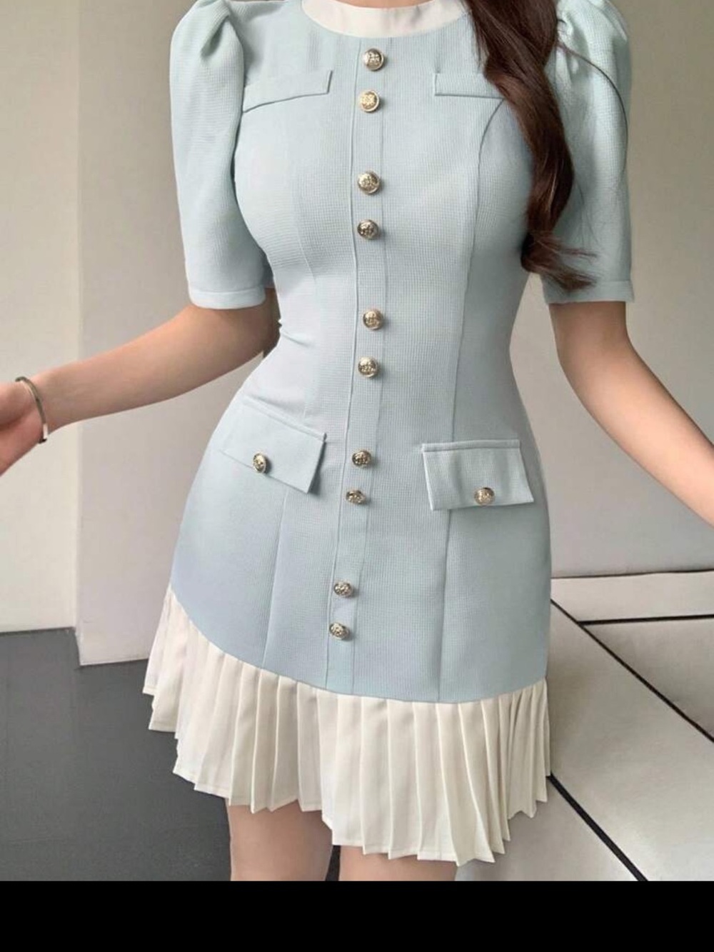Light Blue & Cream Girls' Formal Dress with Gold Buttons
